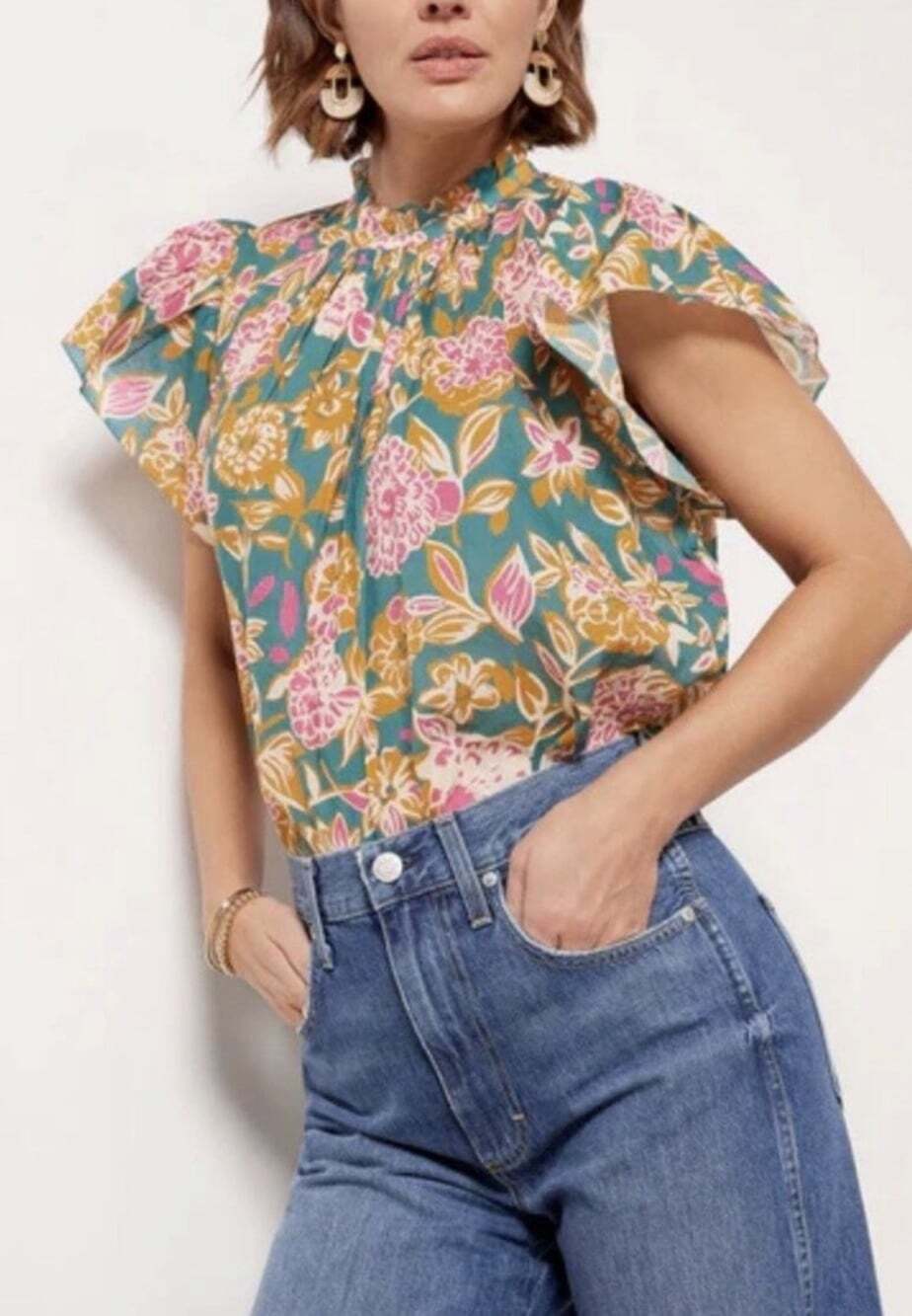 Trovata Birds Of Paradise Carla High Neck XS Teal Dahlia Flutter Sleeve Floral